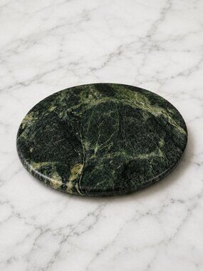 Vintage Green Marble Stone Trivet Hot Plate Round 8" Taiwan Mid Century